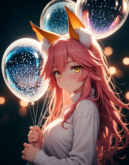 <lora:illustriousXLv01_stable_dark_v0.3:0.2><lora:illustriousXLv01_stabilizer_v1.121:0.5><lora:contract_controller_illus01_v1:0.1>1girl,fox girl,long hair,tamamo \(fate\),white sweater,upper body,ambient light,holding balloon,colorful,transparent,looking at viewer,depth of field,bokeh,dark,masterpiece,anime,