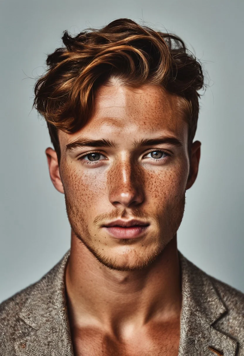 handsome male model posing, (freckles), brown hazel eyes, hyperdetailed photography, soft light, head and shoulders portrait, cover, serious look, determined, fashion photography