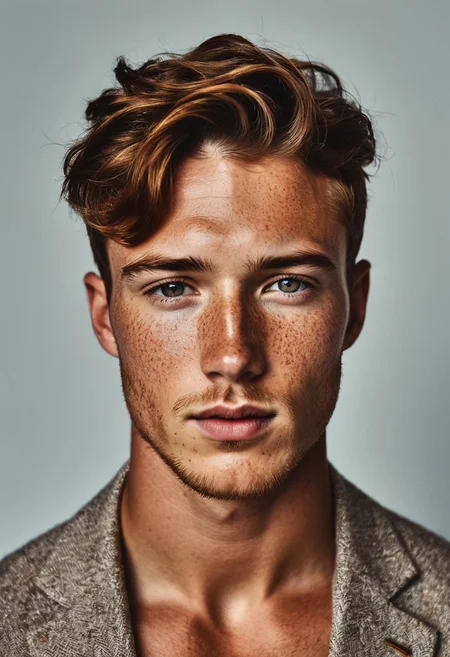 handsome male model posing, (freckles), brown hazel eyes, hyperdetailed photography, soft light, head and shoulders portrait, cover, serious look, determined, fashion photography