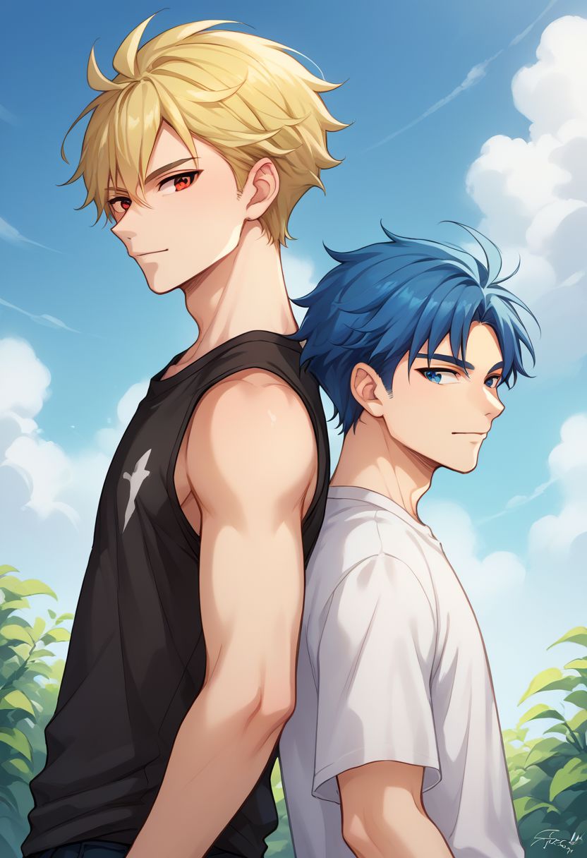 score_9, score_8_up, source_anime, highly detailed, 
score_9, score_8_up, source_anime, highly detailed, multiple boys, 2boys, blonde hair, blue hair, blue eyes, male focus, t-shirt, sleeveless, red eyes, back-to-back,
outdoor,