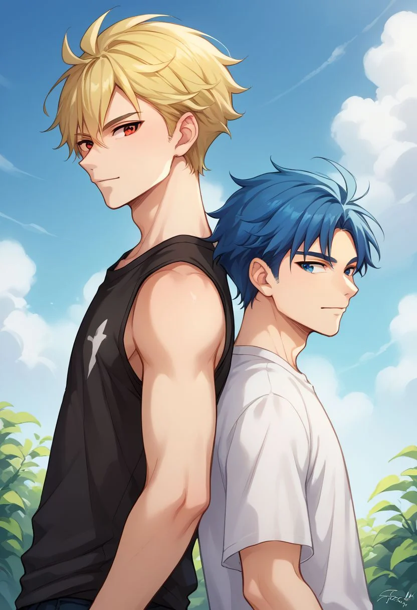score_9, score_8_up, source_anime, highly detailed,
score_9, score_8_up, source_anime, highly detailed, multiple boys, 2boys, blonde hair, blue hair, blue eyes, male focus, t-shirt, sleeveless, red eyes, back-to-back,
outdoor,