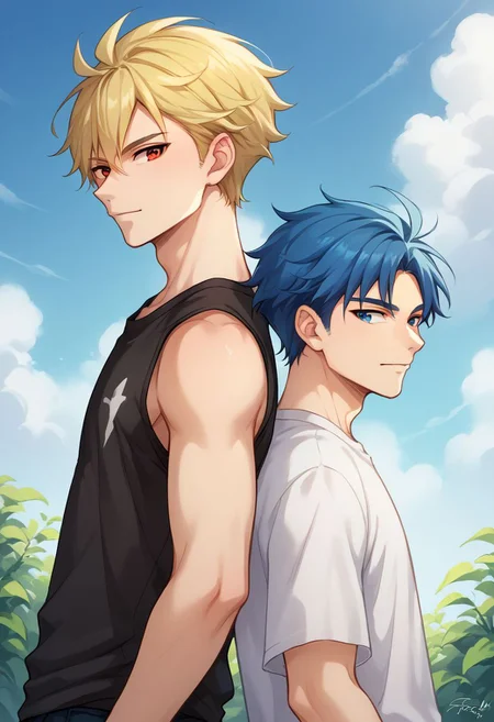 score_9, score_8_up, source_anime, highly detailed,
score_9, score_8_up, source_anime, highly detailed, multiple boys, 2boys, blonde hair, blue hair, blue eyes, male focus, t-shirt, sleeveless, red eyes, back-to-back,
outdoor,