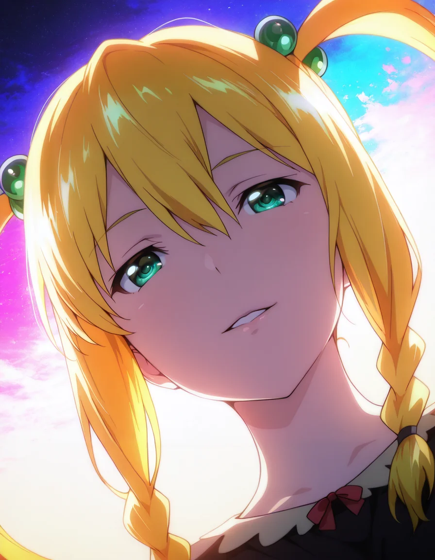 1girl, light smile, parted lips, from below, backlighting, abstract, cinematic, colorful, (portrait:0.8), dutch angle, looking at viewer, <lora:Kodama_Himegami_LCD_v01:1> kodamahimegamilcd, braid, twintails, hair bobbles, blonde hair, green eyes, long hair,
dutch angle, depth of field, HDR, 8K, masterpiece,best quality,amazing quality, highest score,