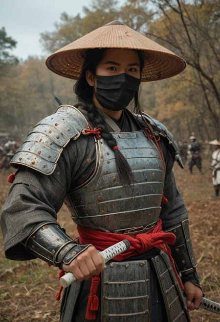 score_9, score_8_up, score_7_up, strawhat, conical hat, 1boy, a heavily armored samurai with shoulder armor and a straw hat, holding a giant katana sword in both hands, ready to fight, asian, long hair, low braid, roninwarriors, samurai facemask, (monolid:1.3),