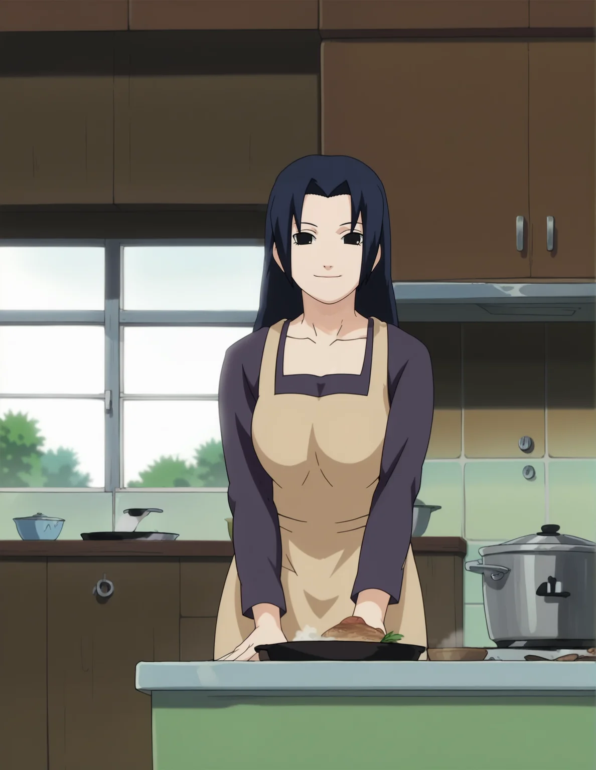 score_9, score_8_up, score_7_up, source_anime,anime screencap,anime coloring, intricate details,
uncensored,
mature female,
mikoto,1girl,long hair,black hair,uchiha mikoto,blue hair,black eyes,
large breasts,
apron,
smile,cooking,
perfect anatomy,
scenery,indoors, kitchen, window,
<lora:Mikoto_Uchiha:1>,