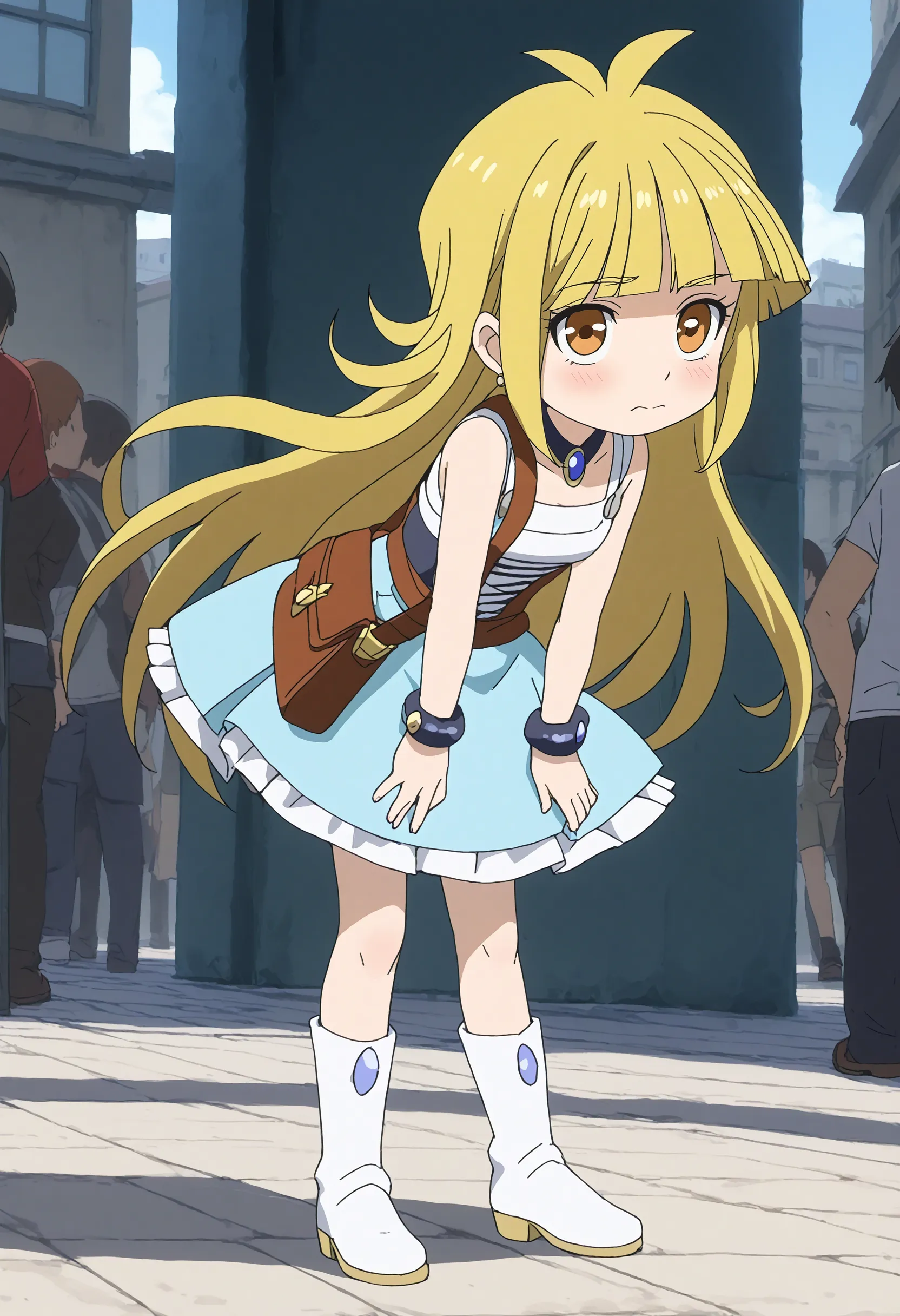 <lora:Hyper-SDXL-8steps-lora:1> <lora:Fixhands_anime_bdsqlsz_V1:1> zPDXL2, score_9, score_8_up, score_7_up, source_anime, intricate details, perfect anatomy BREAK
outdoors, city, tokyo, japan, audience, crowd, standing,  hands on own hips,  leaning forward, Guilty, Downcast eyes, slumped shoulders, and a slightly ashamed expression., 1girl, solo, solo focus, 
<lora:driland-mikoto_XL(pony)v10:1> (chibi:0.6), driland-mikoto, blonde hair, long hair, brown eyes, driland-mikoto outfit, armored dress, breastplate, detached sleeves, blue skirt, bag, white boots,