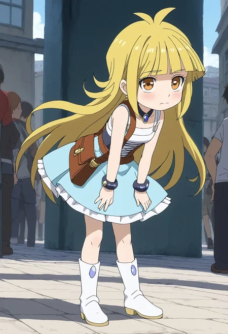 <lora:Hyper-SDXL-8steps-lora:1> <lora:Fixhands_anime_bdsqlsz_V1:1> zPDXL2, score_9, score_8_up, score_7_up, source_anime, intricate details, perfect anatomy BREAK
outdoors, city, tokyo, japan, audience, crowd, standing,  hands on own hips,  leaning forward, Guilty, Downcast eyes, slumped shoulders, and a slightly ashamed expression., 1girl, solo, solo focus, 
<lora:driland-mikoto_XL(pony)v10:1> (chibi:0.6), driland-mikoto, blonde hair, long hair, brown eyes, driland-mikoto outfit, armored dress, breastplate, detached sleeves, blue skirt, bag, white boots,