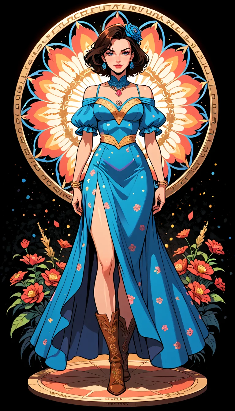 score_9, score_8_up, score_7_up, Western Comics, Full Body Shot, girl, flirty model, cute, seductive, innocent, light smile:0.3, plump lips, slender body, with backside wearing a dress with flower pattern and flower boots, dark fantasy, colorful, flowered arch background, depth of field, dynamic angle, fashion photography, sharp, hyperdetailed:1.15