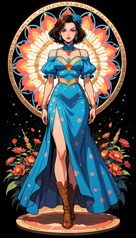 score_9, score_8_up, score_7_up, Western Comics, Full Body Shot, girl, flirty model, cute, seductive, innocent, light smile:0.3, plump lips, slender body, with backside wearing a dress with flower pattern and flower boots, dark fantasy, colorful, flowered arch background, depth of field, dynamic angle, fashion photography, sharp, hyperdetailed:1.15