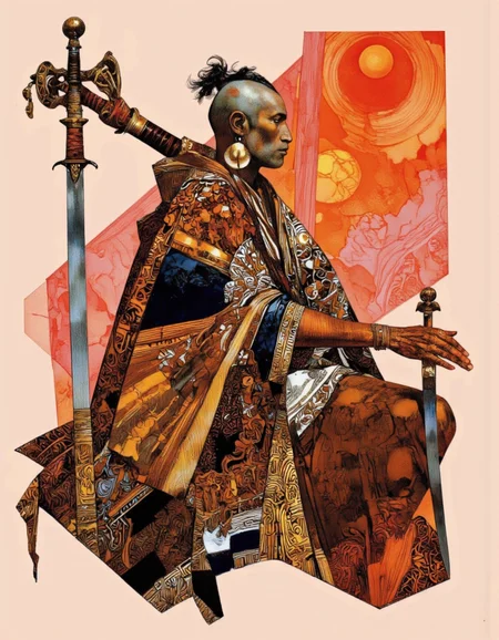 Art by Sergio Toppi. A vibrant and colorful illustration of a seated male figure, shot from a profile angle, about a male figure dressed in traditional attire with a vibrant, abstract background featuring a bright orange sun. the figure, positioned in the middle of the image, appears to be a man with a mohawk hairstyle and a serious expression, holding a long, ornate sword in one hand and a katana in the other. he is wearing a colorful, patterned shawl draped over his shoulders, with intricate designs and patterns in shades of brown, black, and gold. his hair is styled in a short, spiky manner, and he is adorned with earrings. the background is a soft, pastel pink color with a geometric pattern, and the overall style is reminiscent of traditional african art.