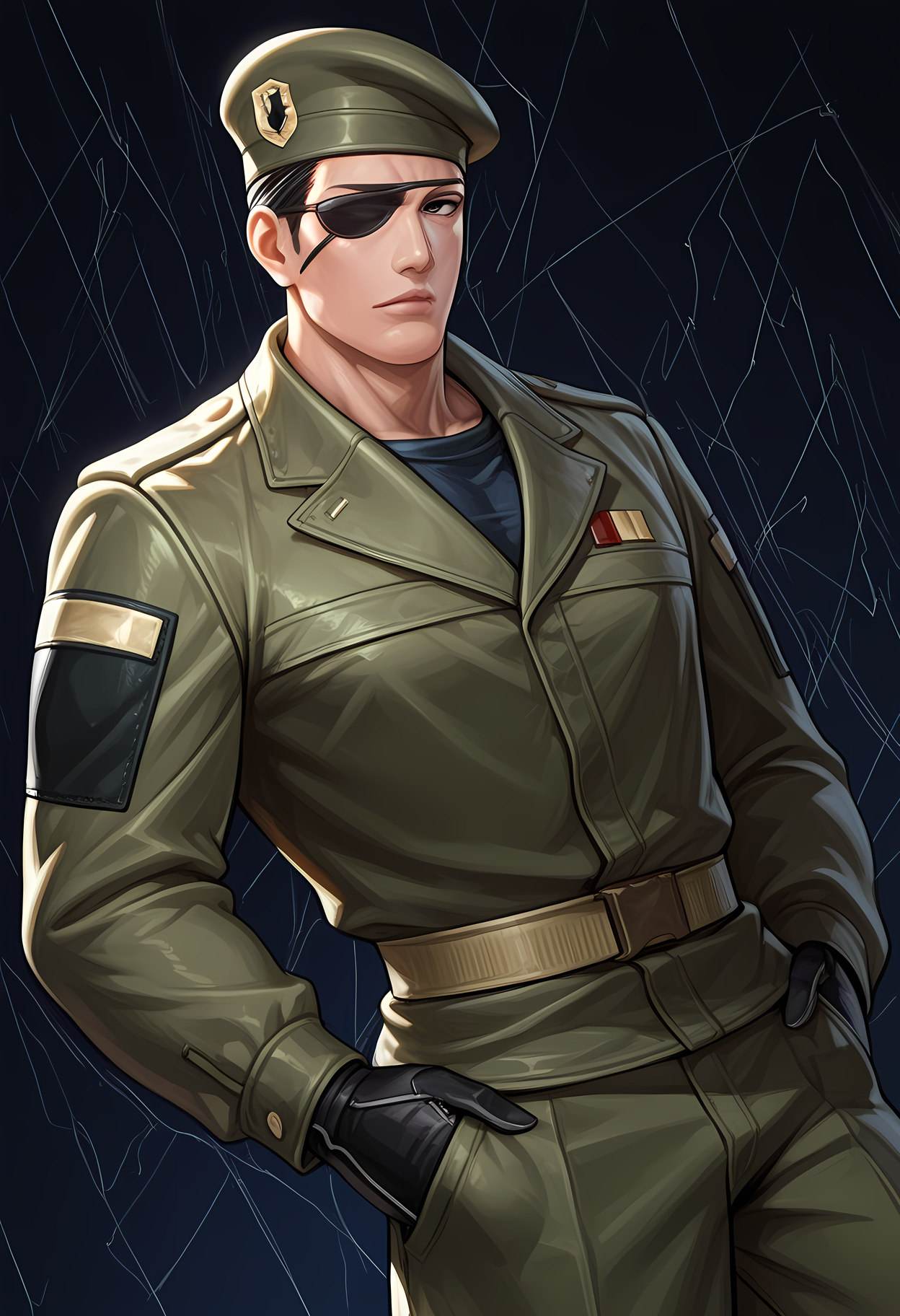 masterpiece, best quality, amazing quality, dutch angle, abstract background, BREAK
1boy, solo, male focus, kof_heidern, beret, right eyepatch, black hair, army uniform, military gear, BREAK
<lora:cfg_scale_boost:.6>  <lora:Heidern_-_King_of_Fighters_-_ILXL:1>