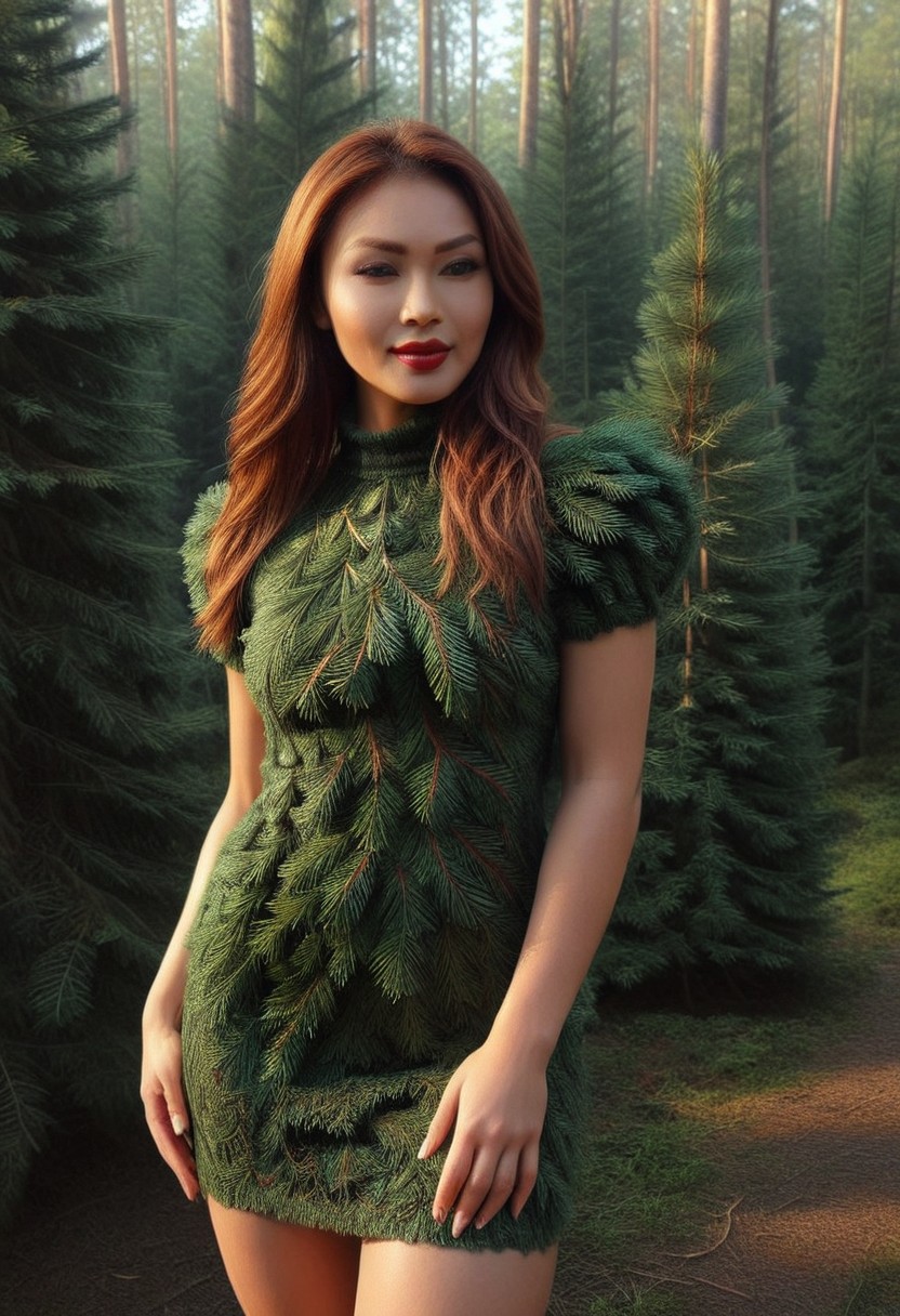 dawn, dark pine forest, colorful dress, perfect picture, (anatomically correct:1.6), score_9, score_8_up, score_7_up, score_6_up, score_5_up, score_4_up, UHD, 8K, masterpiece, detailed, ultra_high_resolution, lots of detail, OverallDetailXL, detailxl, Sci-fi Environments, epiCPhotoGasm-colorfulPhoto. style-empire, colorful style, 1woman, curvy, narrow waist, full lips, (red lips), flowing hair, (natural  eyes:1.3), full smile, (pinup pose), mature female, milf, motherly. 32 years old, fir needles, fir needle style, fir needle, dress made out of fir needles, fully dressed, high neck closure, add-detail-xl, short puffy sleeves, Cambodian woman, long hair, light brown hair, small waist, wide hips, high cheekbones, golden glow, Auntie Flatts.