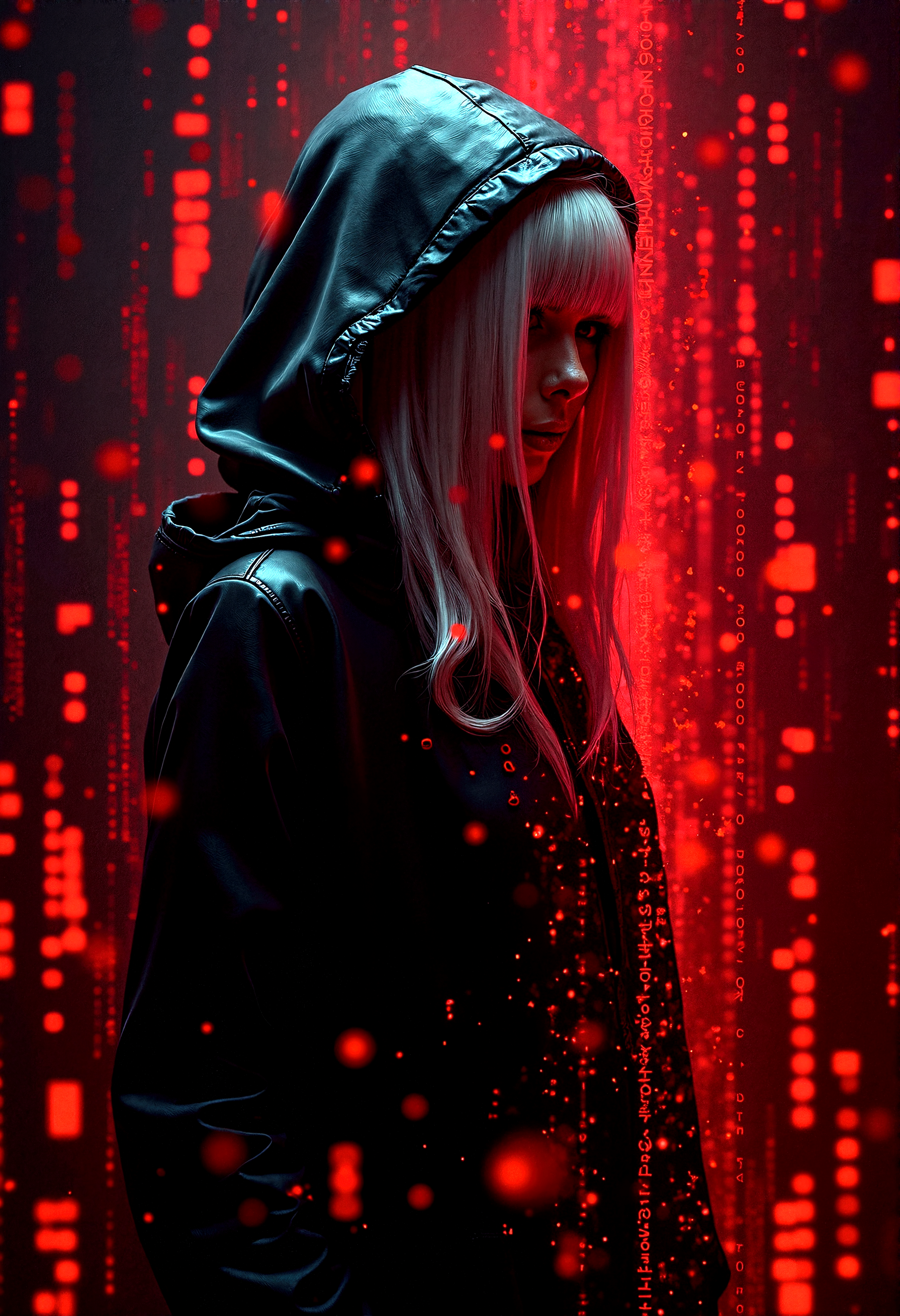 Photorealistic photography of a cyberpunk hacker, a female hooded figure with white hair, surrounded by floating red digital code, disintegrated by the red digital binary code in a dark, futuristic setting.











