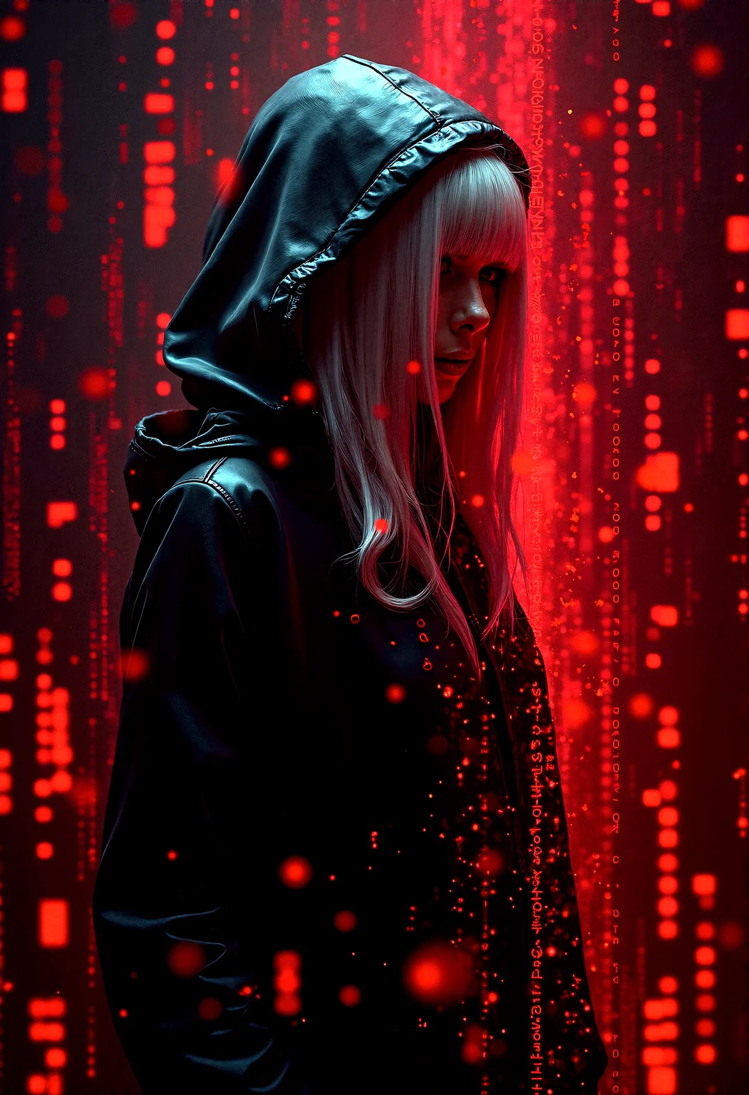 Photorealistic photography of a cyberpunk hacker, a female hooded figure with white hair, surrounded by floating red digital code, disintegrated by the red digital binary code in a dark, futuristic setting.











