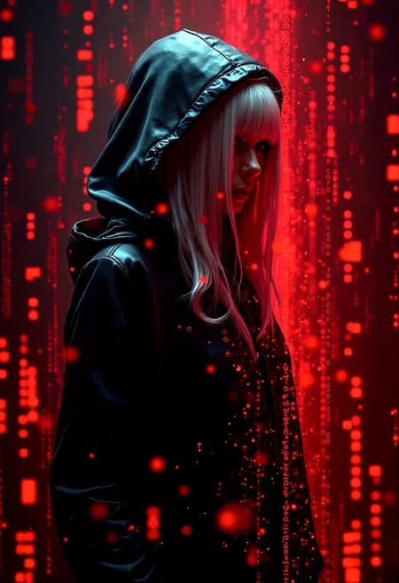 Photorealistic photography of a cyberpunk hacker, a female hooded figure with white hair, surrounded by floating red digital code, disintegrated by the red digital binary code in a dark, futuristic setting.
