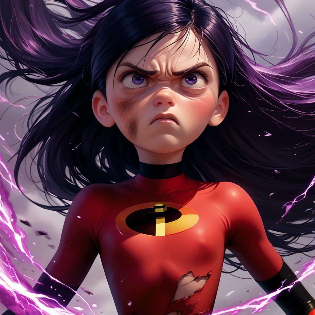 score_9, score_8_up, score_7_up, score_6_up, score_5_up, score_4_up, 1girl, VioletParr, superhero, long hair, torn clothes, cuts and bruises, determined look, wind blowing hair, purple energy, flat chest, skinny