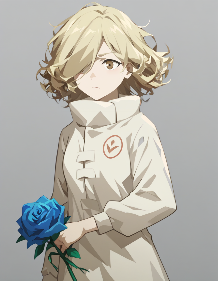 score_9,score_8_up,score_7_up,source_anime,lamiya, anotherstyle, 1girl, solo, blonde hair, flower, holding, grey background, holding flower, rose, simple background, brown eyes, long sleeves, hair over one eye, blue flower,<lora:lamiya_pony:0.75>,<lora:Anime_Screencap:1>,anime screencap,