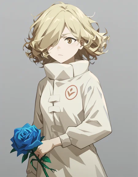 score_9,score_8_up,score_7_up,source_anime,lamiya, anotherstyle, 1girl, solo, blonde hair, flower, holding, grey background, holding flower, rose, simple background, brown eyes, long sleeves, hair over one eye, blue flower,<lora:lamiya_pony:0.75>,<lora:Anime_Screencap:1>,anime screencap,