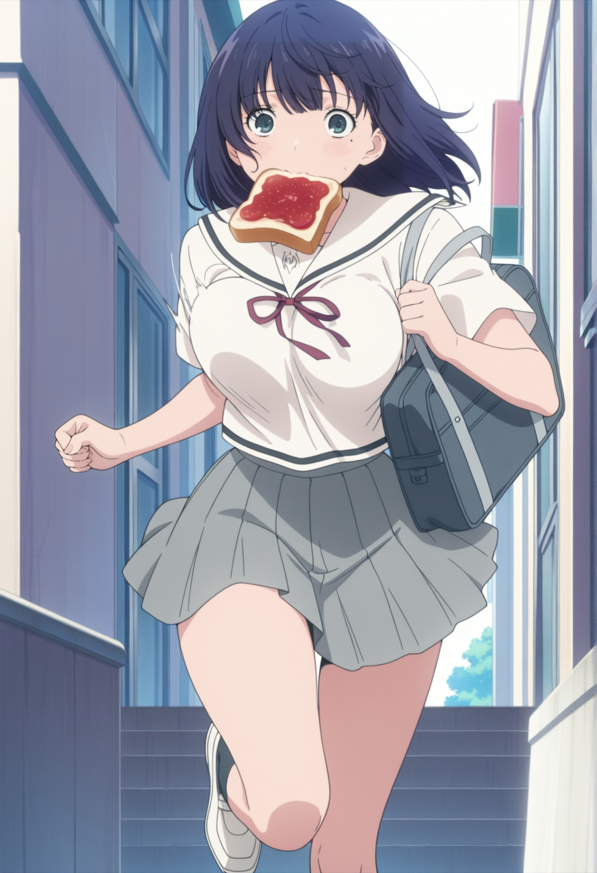 anime coloring, anime screencap, 1girl, medium hair, blue hair, bangs, aqua eyes, mole under mouth, running, toast in mouth, serafuku, short sleeves, grey skirt, school bag, bouncing breasts, outdoors, cirty <lora:Saoko_Andou_hatsukoi:1>, masterpiece, best quality, amazing quality, very aesthetic, absurdres, highres, newest
