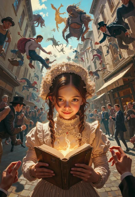 In the centre of this wide-angle professional candid shot, a pretty adolescent girl in frilly short Victorian dress and lace bonnet stands in the middle of paved street, reading a thick old book. The girl's eyes are glowing with enthusiasm, her pouted lips are parted in an enthusiastic smile; the book emits faint, but widespread amber glow. Around the girl, everything that was on the street-gentlemen with top hats and canes, cheeky flower girls, a cab with a horse harnessed to it, street boys, stray dogs, a distraught cat-is slowly rising into the air, turning over, screaming and cursing. The girl sees and hears nothing; the book took up all her attention.