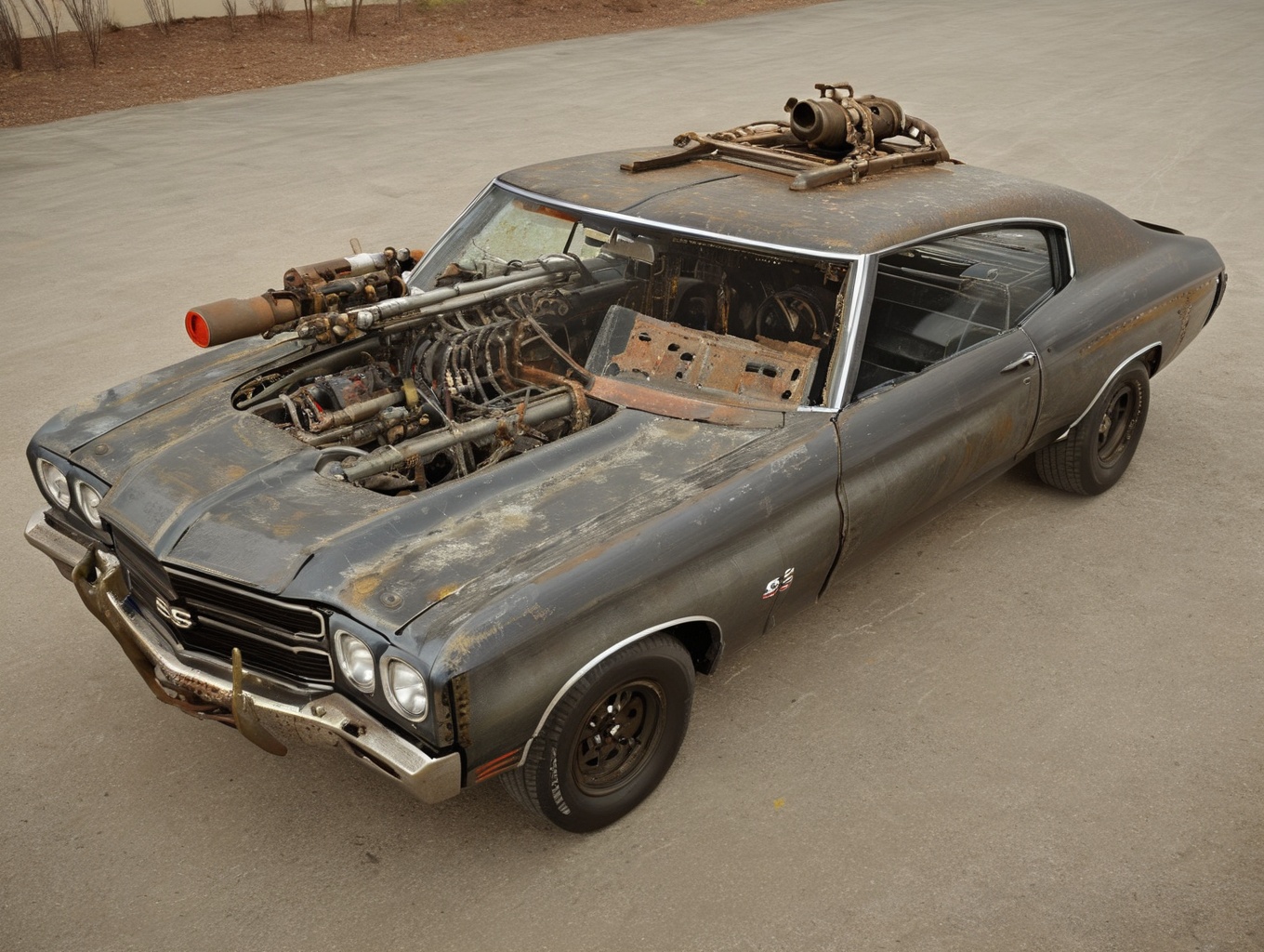 1970ChevelleSS_BLACKWHITE, aetherpunkai aircraft,
turret to side, missile launcher, cannon, sharp metal protrusions, cattle guard, rust, scratches, bullet holes, metal panels, exposed wires, saw blades, splatted paint, chains, robotic arm, hydraulic pump, compressor, propane tank,
BREAK
vault SZ_4poXL enviroment, shopping mall, water damage, debris, rubble,
BREAK
3d render, cgi, symetrical, octane render, 35mm, bokeh, 9:16, (intricate details:1.12), hdr, (intricate details, hyperdetailed:1.15), (natural skin texture, hyperrealism, soft light, sharp:1.2)
<lora:Post ApocalypticXL_v2:0.6> <lora:add-detail-xl:1> <lora:TechPunkAI:0.6> <lora:1970ChevelleSS_SDXL_v01:1>