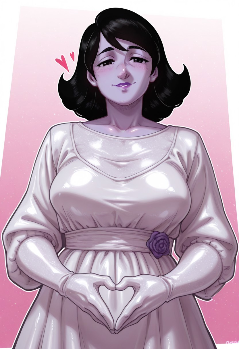, 1girl, solo, medium build, medium hair, sfw, safe for work, covered skin, flowy dress,  black eyes, purple lipgloss, smiling, portrait, upper body, heart hands, mature female, foreshortening, detailed, newest, shiny skin, cowboy angle, solo focus, medium breasts, gorgo