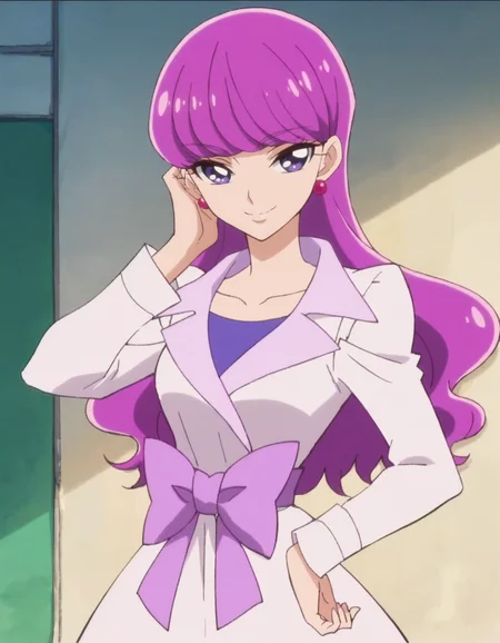 score_9, score_8_up, score_7_up, anime screencap, solo,1girl, kotozumeyukari, earrings, jewelry, long sleeves, smile, looking at viewer, purple bow, collarbone, bow,white dress,cowboy shot,medium breasts,<lora:kotozumeyukari:0.8>