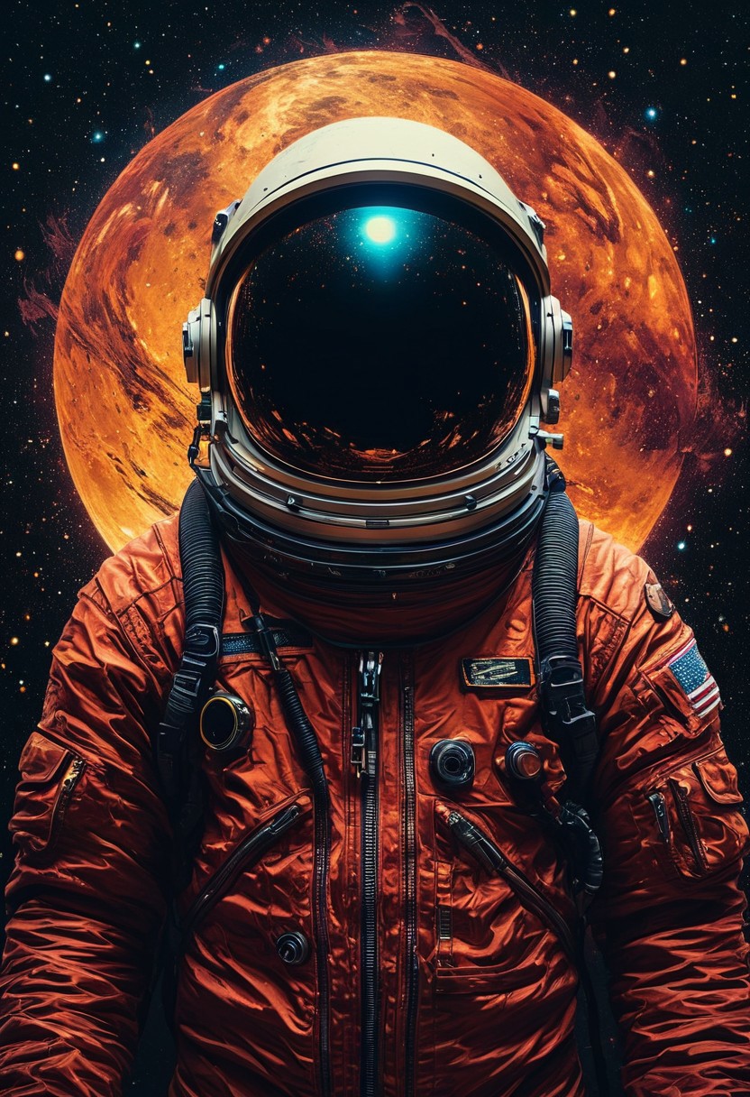 DB4RZ style painting,A hauntingly stunning 3D depiction of a minimalist impasto illustration features a distressed astronaut portrait. The astronaut's aged and fragmented spacesuit is decorated with deep crimson and obsidian lines that twist and merge, resembling cosmic scars. The pitch-black backdrop starkly contrasts with the astronaut's visor, reflecting an eclipsed sun. The degrading suit is accentuated with oxidized copper and dark iridescent hues, evoking a disquieting feeling of decay. Glitch-like rips in the suit's material reveal the endless void of the cosmos beneath. The 8K resolution, UHD, and hyper-realistic rendering of this poster-inspired artwork exude sophistication and artistic flair. The lively, graffiti-esque elements and conceptual dark fantasy theme, dark fantasy, illustration, painting, graffiti, lively, poster, conceptual artThe background is a vast expanse of stars and swirling auroral lights, softly blurred to create depth and focus on her figure. Subtle beams of light cut through the composition, refracting across her surfaces and casting faint halos. Tiny motes of glowing particles float around her, creating a cosmic ambiance. The mood is serene and majestic, embodying the fusion of human ingenuity and the awe-inspiring beauty of nature's most ethereal phenomenon.