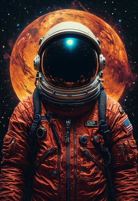 DB4RZ style painting,A hauntingly stunning 3D depiction of a minimalist impasto illustration features a distressed astronaut portrait. The astronaut's aged and fragmented spacesuit is decorated with deep crimson and obsidian lines that twist and merge, resembling cosmic scars. The pitch-black backdrop starkly contrasts with the astronaut's visor, reflecting an eclipsed sun. The degrading suit is accentuated with oxidized copper and dark iridescent hues, evoking a disquieting feeling of decay. Glitch-like rips in the suit's material reveal the endless void of the cosmos beneath. The 8K resolution, UHD, and hyper-realistic rendering of this poster-inspired artwork exude sophistication and artistic flair. The lively, graffiti-esque elements and conceptual dark fantasy theme, dark fantasy, illustration, painting, graffiti, lively, poster, conceptual artThe background is a vast expanse of stars and swirling auroral lights, softly blurred to create depth and focus on her figure. Subtle beams of light cut through the composition, refracting across her surfaces and casting faint halos. Tiny motes of glowing particles float around her, creating a cosmic ambiance. The mood is serene and majestic, embodying the fusion of human ingenuity and the awe-inspiring beauty of nature's most ethereal phenomenon.