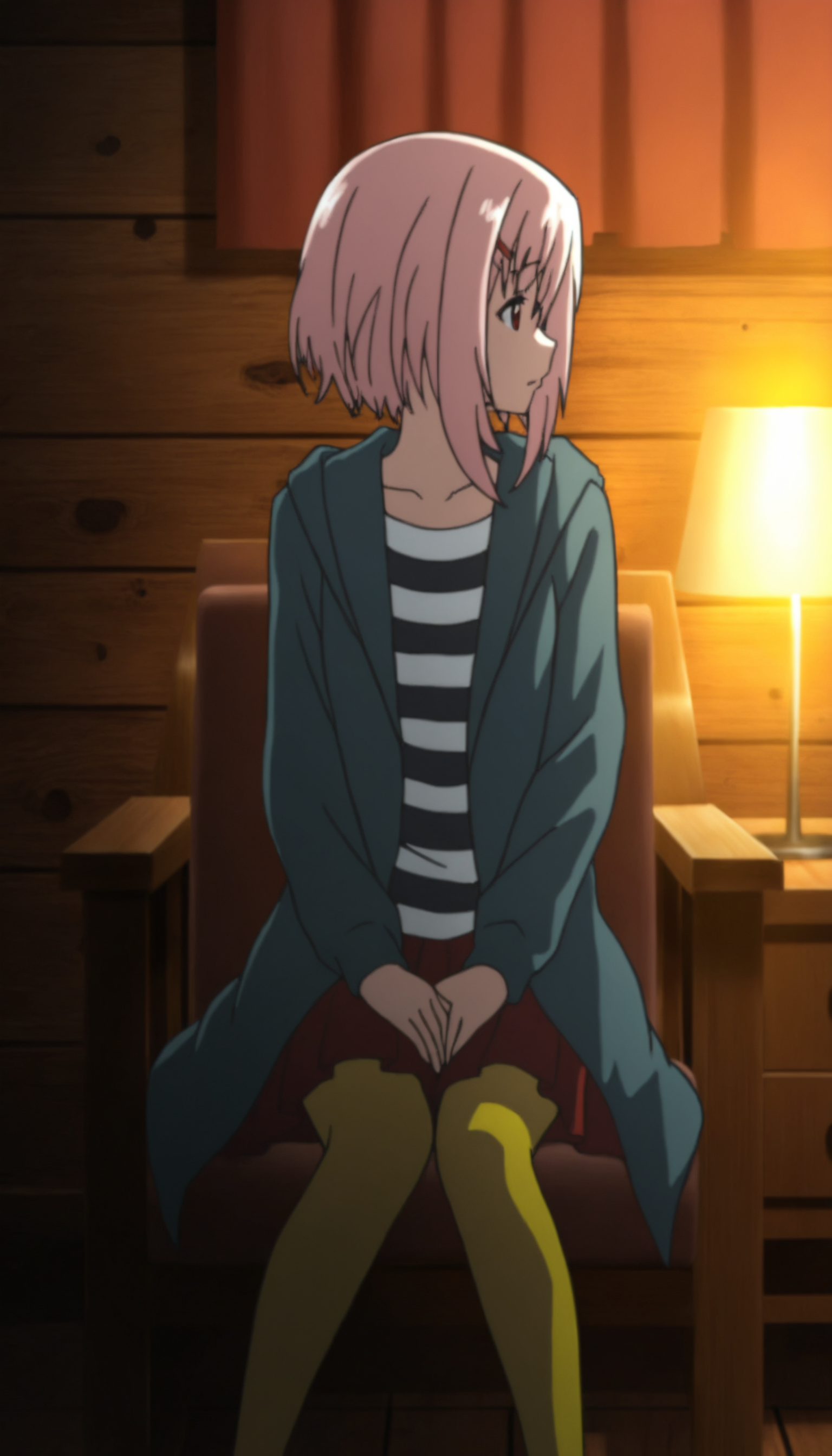 masterpiece,best quality,amazing quality,
<lora:yoshinokoharuNAI:1>,yoshinokoharu,
1girl,solo,pink hair,short hair,bangs,red hairpin,red eyes,aqua blue coat,white and black striped shirt,red skirt,yellow leggings,full body,feet out of frame,sitting,looking to the side,hands on legs,on chair,indoors,night,dark,lamp,wooden cabinet,red curtains,wooden wall,backlighting,