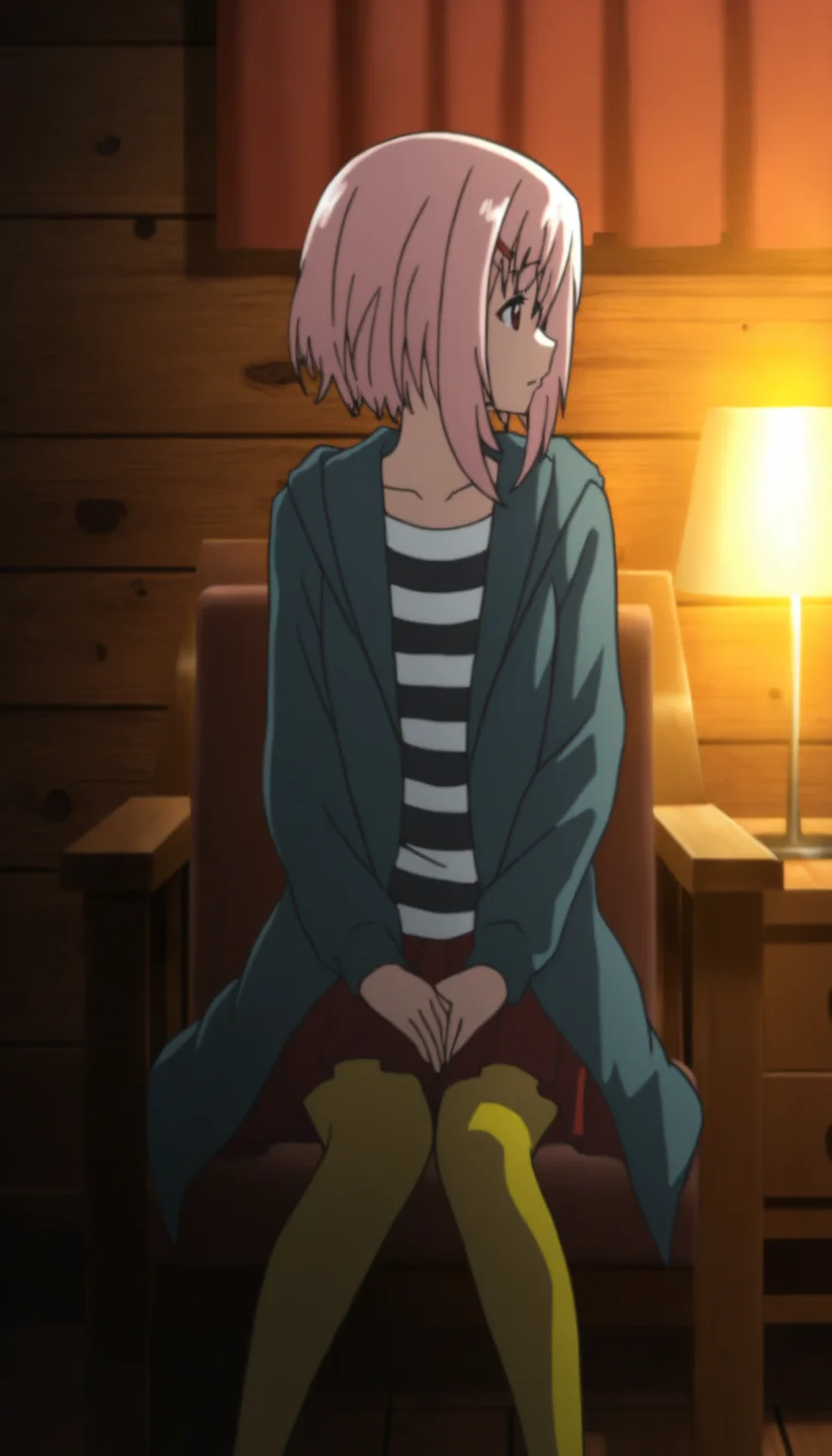 masterpiece,best quality,amazing quality,
<lora:yoshinokoharuNAI:1>,yoshinokoharu,
1girl,solo,pink hair,short hair,bangs,red hairpin,red eyes,aqua blue coat,white and black striped shirt,red skirt,yellow leggings,full body,feet out of frame,sitting,looking to the side,hands on legs,on chair,indoors,night,dark,lamp,wooden cabinet,red curtains,wooden wall,backlighting,