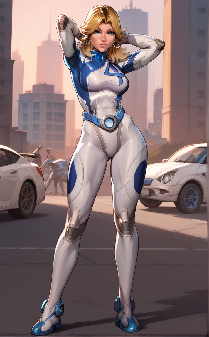 score_9, score_8_up, score_7_up, watson cross, looking at viewer, arms behind head, full body, shadow, halftone background, shoes, depth of field, solo,  <lora:PONYXL_MarvelRivalsSueStorm_ownwaifu:1>, BREAK PONYXL_MarvelRivalsSueStorm_ownwaifu, 1girl, blue belt, blue bodysuit, flipped hair, long legs, narrow waist, number print, skin tight, toned, two-tone bodysuit, white bodysuit, blonde hair, blue eyes, lips, long hair, jewelry, medium breasts, hoop earrings, nose, gloves, large breasts, superhero, earrings, blue gloves, parted bangs, multicolored clothes, bangs, pilot suit, white gloves, multicolored bodysuit, shiny hair, pink lips, thick eyebrows, thick thighs, turtleneck, covered abs, <lora:add-detail-xl:0.15>,