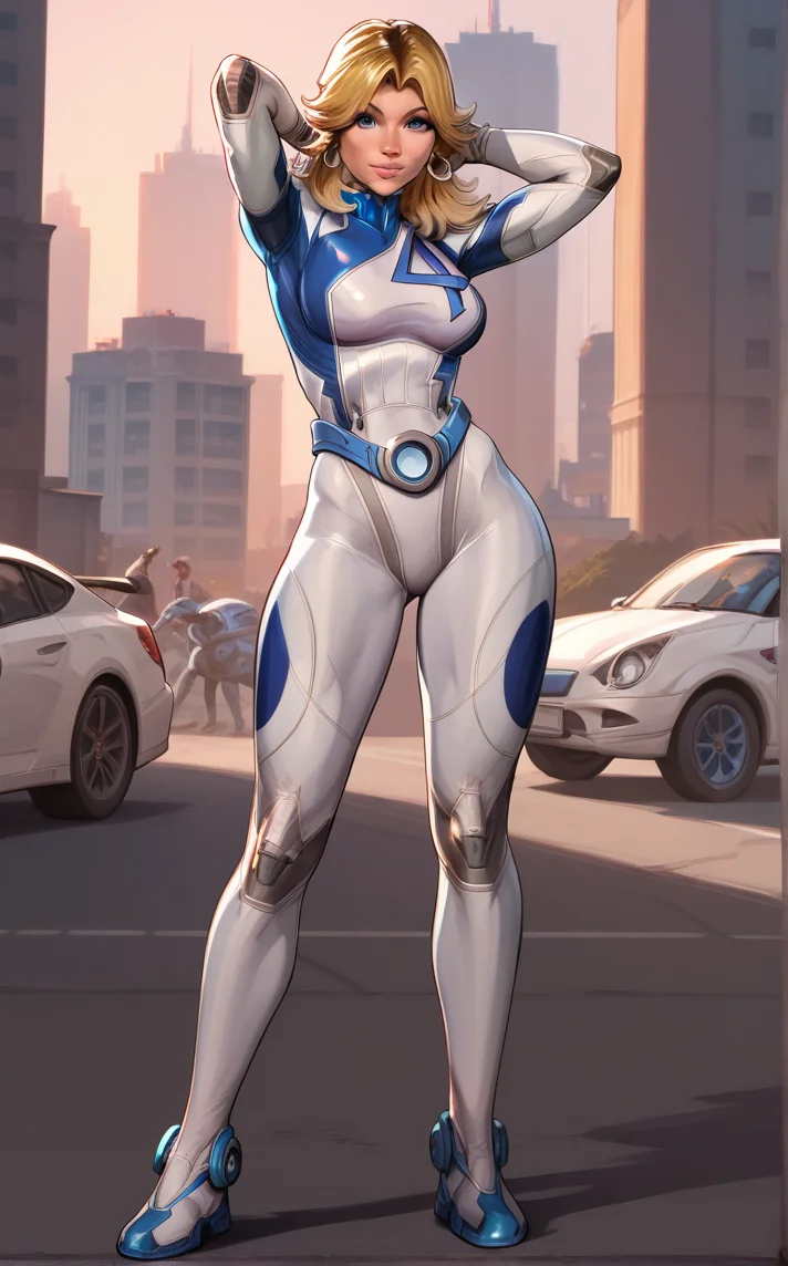 score_9, score_8_up, score_7_up, watson cross, looking at viewer, arms behind head, full body, shadow, halftone background, shoes, depth of field, solo, <lora:PONYXL_MarvelRivalsSueStorm_ownwaifu:1>, BREAK PONYXL_MarvelRivalsSueStorm_ownwaifu, 1girl, blue belt, blue bodysuit, flipped hair, long legs, narrow waist, number print, skin tight, toned, two-tone bodysuit, white bodysuit, blonde hair, blue eyes, lips, long hair, jewelry, medium breasts, hoop earrings, nose, gloves, large breasts, superhero, earrings, blue gloves, parted bangs, multicolored clothes, bangs, pilot suit, white gloves, multicolored bodysuit, shiny hair, pink lips, thick eyebrows, thick thighs, turtleneck, covered abs, <lora:add-detail-xl:0.15>,