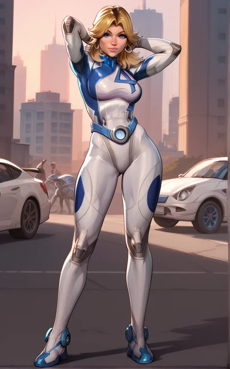 score_9, score_8_up, score_7_up, watson cross, looking at viewer, arms behind head, full body, shadow, halftone background, shoes, depth of field, solo,  <lora:PONYXL_MarvelRivalsSueStorm_ownwaifu:1>, BREAK PONYXL_MarvelRivalsSueStorm_ownwaifu, 1girl, blue belt, blue bodysuit, flipped hair, long legs, narrow waist, number print, skin tight, toned, two-tone bodysuit, white bodysuit, blonde hair, blue eyes, lips, long hair, jewelry, medium breasts, hoop earrings, nose, gloves, large breasts, superhero, earrings, blue gloves, parted bangs, multicolored clothes, bangs, pilot suit, white gloves, multicolored bodysuit, shiny hair, pink lips, thick eyebrows, thick thighs, turtleneck, covered abs, <lora:add-detail-xl:0.15>,