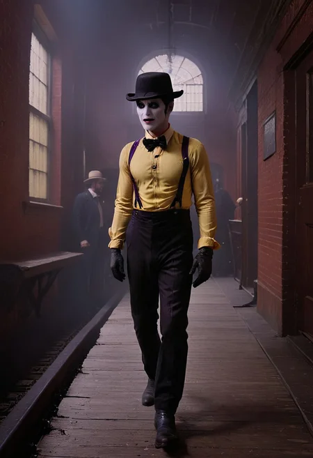cinematic shot of gang walking in a grand 1800s railroad station, dirty 1970s philadelphia, menacing gaze, wearing black-pants, yellow suspenders, red bow tie, high dark purple cowboy hat, white mime, glitter blue-shirt, dramatic shadows, high resolution, carrying guitar cases