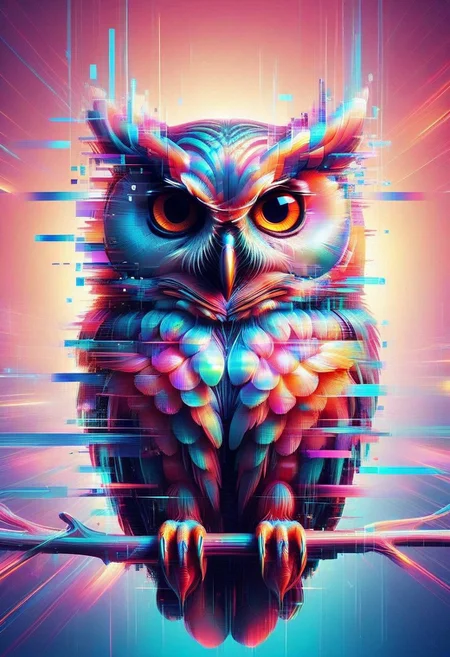Close up, (designed by Modern Disney:0.7) , portrait, Micronesian indoors, close up of a Absurd traditional Futuristic (owl) , Finnish modernism, bizarre, sci-fi, made out of iridescent jelly, glitch, flickering, digital, glitch style, beautiful elegant, epic composition, fine artistic composition, striking, magical, trippy, chromatic aberration