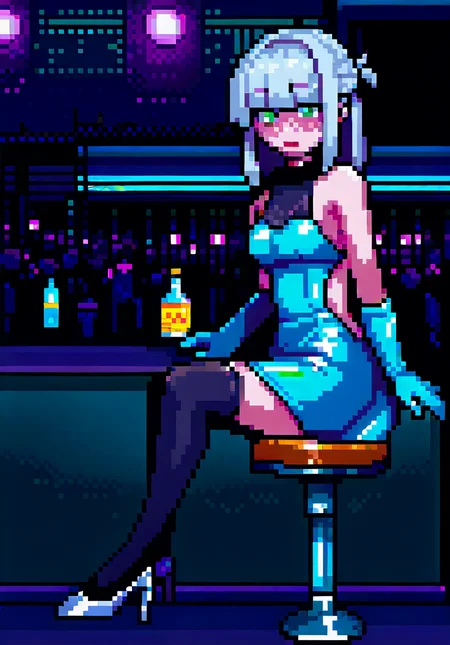 score_9, score_8_up, score_7_up, night club, lamps, night, crowd,nightclub,rave,spotlights,crowded, 1girl, green eyes, slit pupils, white hair, half updo, medium hair, hime cut, medium breasts, skinny, claws, sitting on bar stool, bar counter, front view, looking at viewer, showing panty, skirt up, white lace panty, wisky bottle, drunk, drunked, bubles, holographic, backless dress, short dress, holographic dress, long gloves, black stockings, stiletto shoes, good hands, <lora:Ehohinstyle:1>, ehohin
<lora:merged_pixel_base_model_svd:1> <lora:choutenchan_pixel_dotpict:1>
