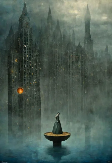 Neo Surrealism, overwhelmed by reason, by Gabriel Pacheco and Max Ernst, existential residues dark shines surrealism, deep blue, gray and orange color scheme, fantasy Victorian art, magical realism bizarre art, pop surrealism, like Alice in wonderland, whimsical art. Climate Change Apocalypse: A submerged cityscape, partially submerged under rising tides, with skyscrapers half-drowned and choked by encroaching waters.