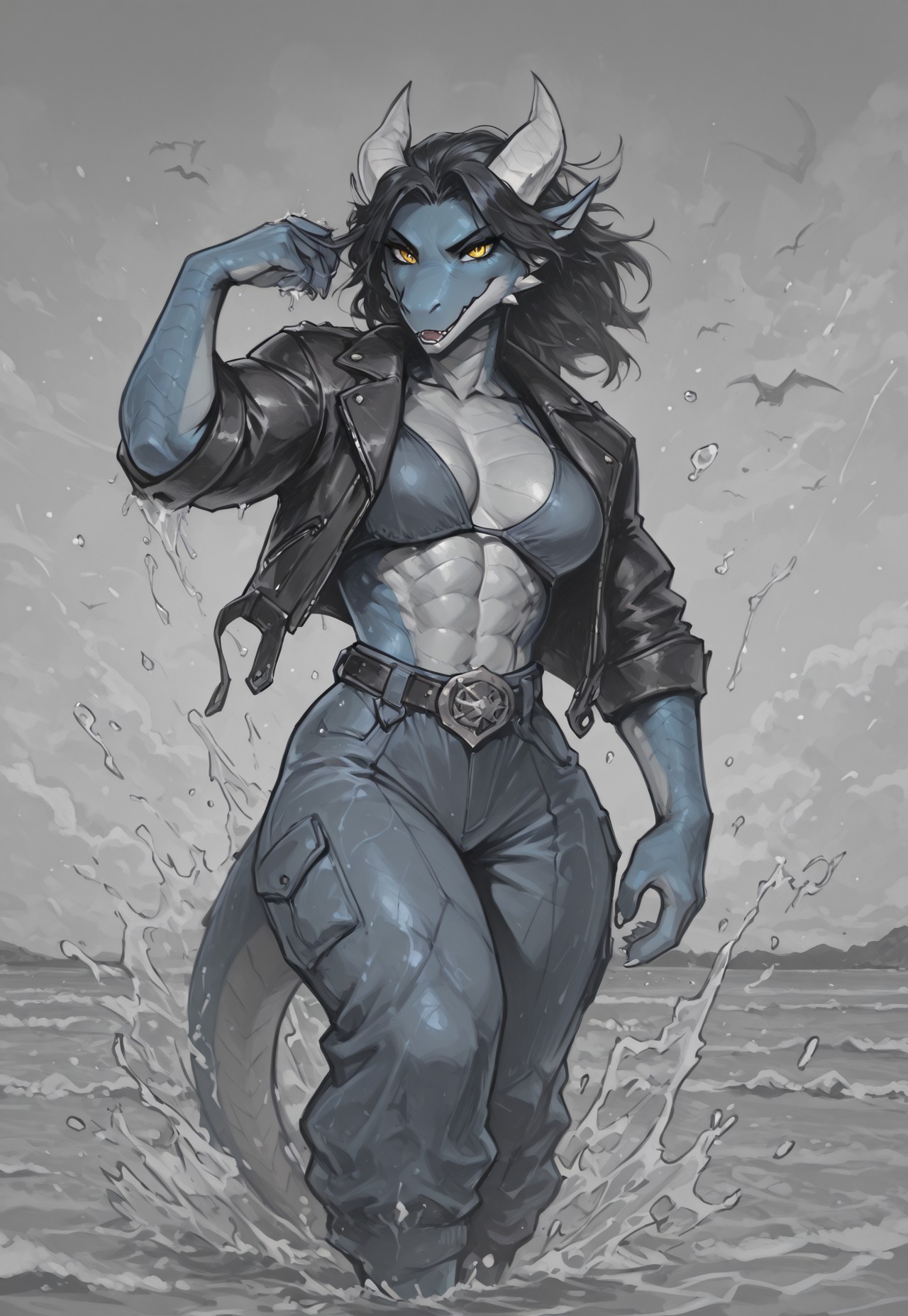 monochrome, lineart, sketch, masterpiece, best quality, amazing quality, high resolution, ultra-detailed, absurdres, newest, scenery,NovaFurryXL_LineArt, Dralthas Lilocoria, dragonborn, muscular female, blue body, two-tone body, white horns, black hair, leather jacket, small yellow eyes, anthro, dragon, anthro, solo,baggy jumpsuit, beach, splashing, water, front view, close up, looking at viewer, BREAK, detailed background, <lora:NovaFurryXL_LineArt_epoch_10:0.25>