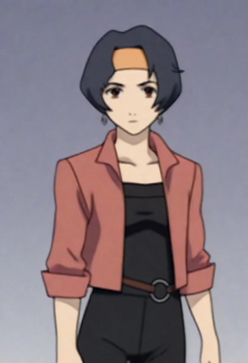 source_anime, anime screencap, source_anime, auratheguillotine, anime screencap, masterpiece, source_anime, shiny skin,,,,<lora:Haruka_pony_v1:1> Haruka, 1girl, solo, jewelry, earrings, short hair, red jacket, brown eyes, black hair, black pants, headband, black shirt, belt, collarbone, high-waist pants,