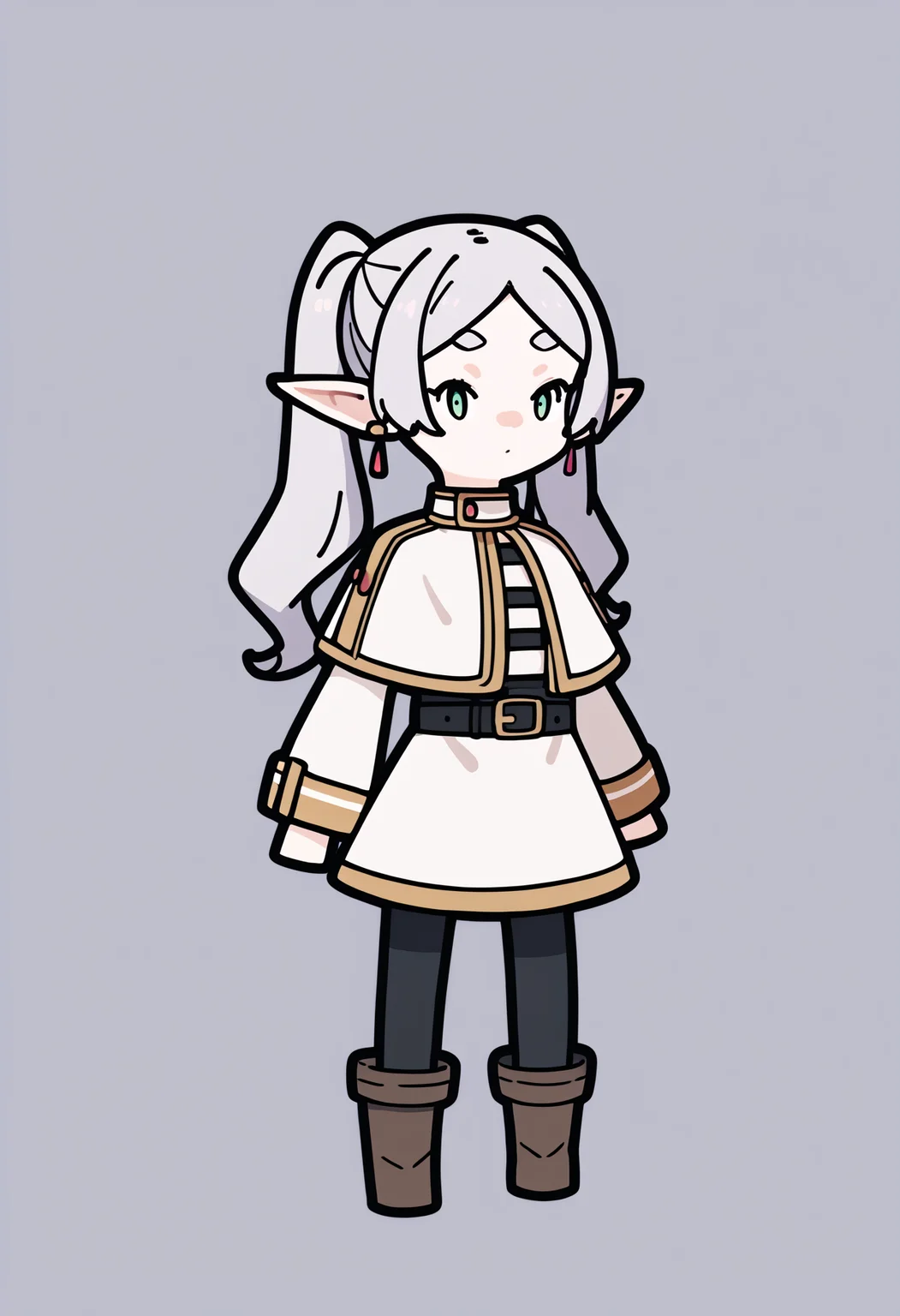 score_9, score_8_up, score_7_up, score_6_up, score_5_up, score_4_up, BREAK
1girl, chibi,
frieren, green eyes, grey hair, twintails, thick eyebrows, pointy ears, white capelet with long sleeves, earrings, black belt, black pantyhose and brown boots,
standing, full body, solo, looking at viewer, simple background, white background <lora:RabbitAndSteelXLLocon:1> <lora:FrierenXL:1>