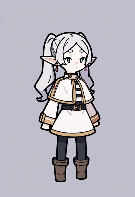 score_9, score_8_up, score_7_up, score_6_up, score_5_up, score_4_up, BREAK
1girl, chibi,
frieren, green eyes, grey hair, twintails, thick eyebrows, pointy ears, white capelet with long sleeves, earrings, black belt, black pantyhose and brown boots,
standing, full body, solo, looking at viewer, simple background, white background    <lora:RabbitAndSteelXLLocon:1>  <lora:FrierenXL:1>