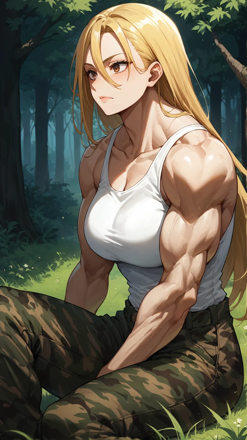 score_9,score_8_up,score_7_up,score_6_up, <lora:xl_more_art-full_v1:0.5>, source_anime, woman, dynamic pose, sitting, <lora:Cathleen Bate (Star and Stripe) - Pony-000004:0.8>, long hair, blonde hair, antenna hair, brown eyes, muscular female, white tank top, sleeveless, camouflage pants, forest, tall grass,