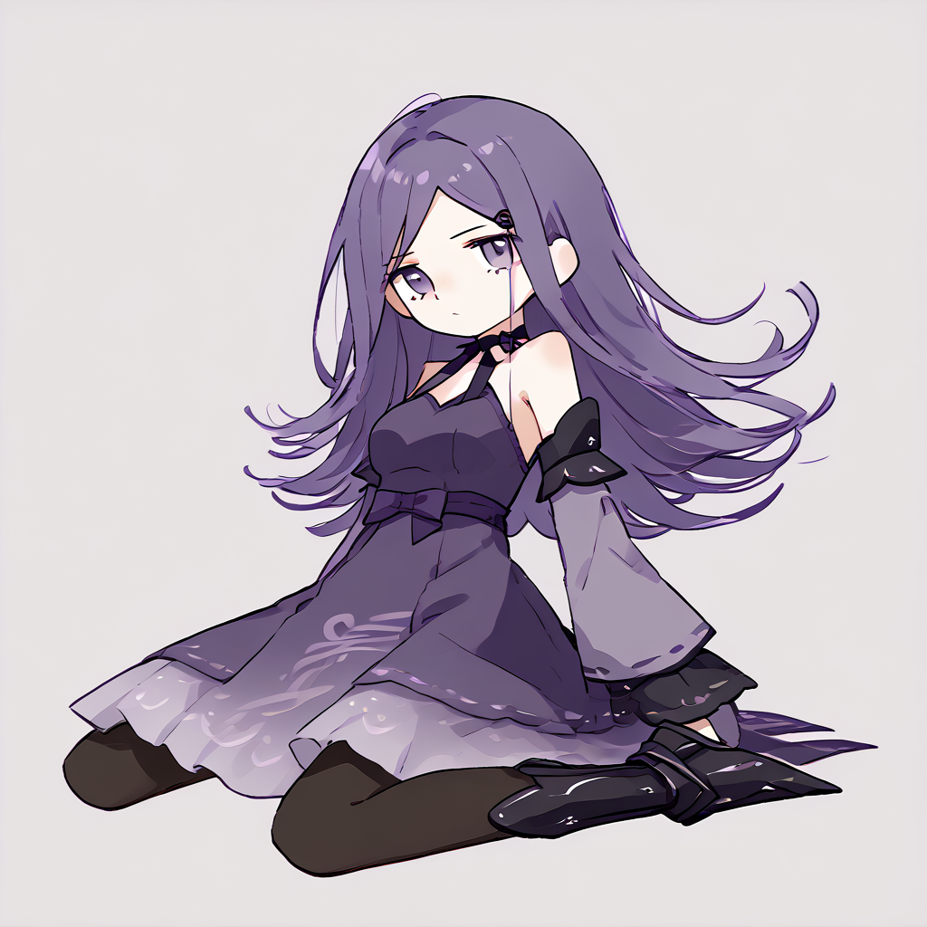 <lora:!:1>,    <lora:threedrakengard:0.8> ThreeDoD, purple hair, purple eyes, medium breasts, long hair, flipped hair, long hair, purple dress, pantyhose, detached sleeves, dress, black pantyhose, armored boots, bare shoulders, ribbon choker