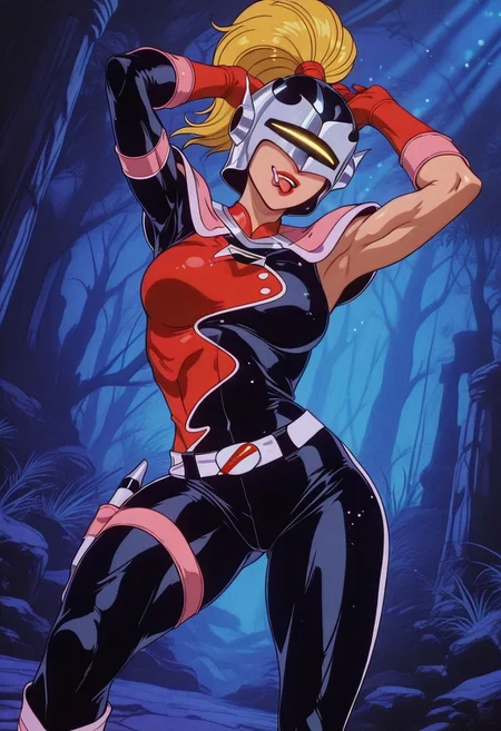 MandoraTC, 1girl, solo, blonde hair, long hair, ponytail, helmet, mask, yellow visor, lips, red lipstick, large breast, pink shoulder wrap, multicolored bodysuit, asymmetrical clothes, pink vambraces, red gloves, thick thighs, belt, red boots, tight bodysuit, shoulder pads, thigh holster,
,seductive pose, sexy pose, tease,
masterpiece, best quality, fine details, intricate details, depth of field, subsurface scattering, bokeh,
ultra-detailed, very aesthetic, detailed background, newest, scenery, highres, absurdres, colorful, vibrant, glowing, perfect face, 2d, perfect eyes, vibrant saturated colors, volumetric lighting, sharp, detailed eyes, perfect anatomy, perfect face, perfect eyes, mature body, clear eyes, beautiful eyes, athletic, curvy body, athletic girl, perky tits, perfect tits, round breasts, pinup pose, teasing, lustful expression, perfect hands,
muscular female, dutch angle,
arms up, armpits, open mouth, licking lips, head tilt
,,Smooth Negative, Smooth_Quality,
90s_anime_aesthetic, 1990s (style), dark_fantasy_style, dark fantasy, retro,