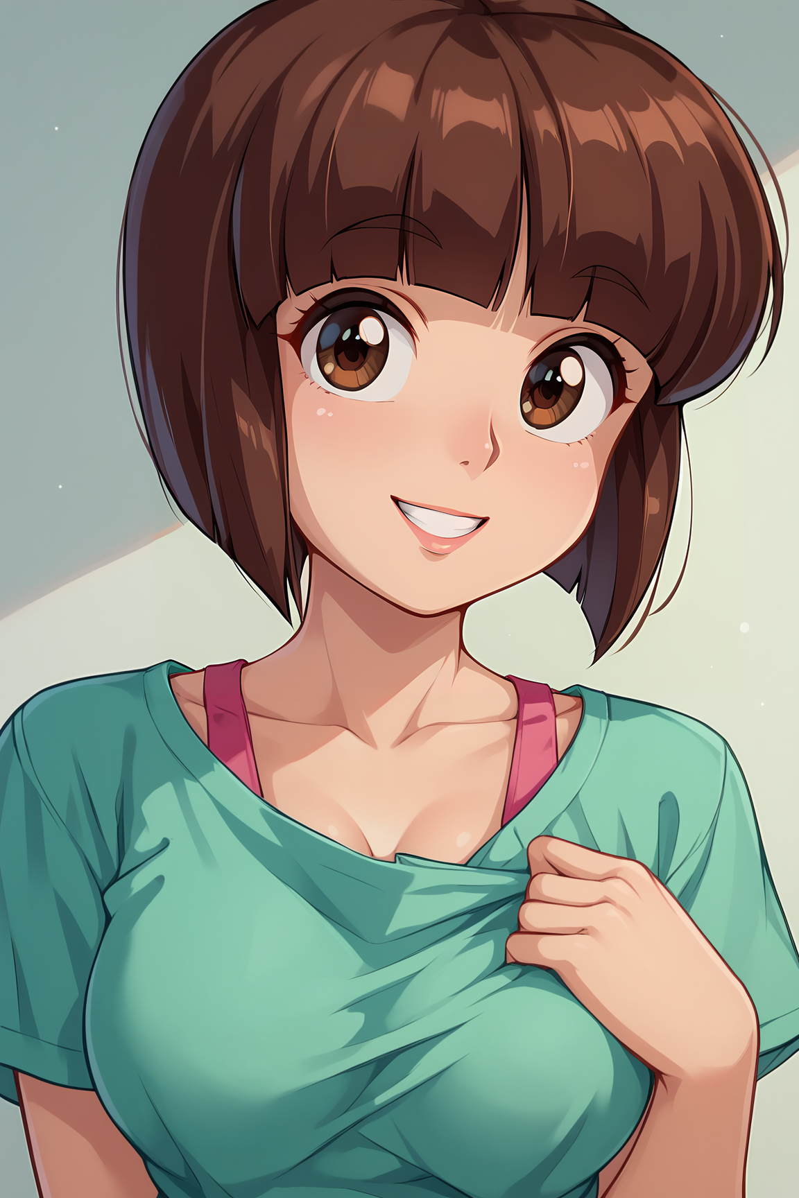 score_9, score_8_up, score_7_up, score_6_up, BREAK, NabikiTendoRXLv3, mature female, big eyes, brown eyes, brown hair, short hair, bob cut, blunt bangs, medium breasts, short sleeves, loose shirt, pink strap, green shirt, solo, front view, (portrait, upper body), solo focus, seductive smile, looking at viewer, indoors <lora:NabikiTendoRXLv3:1>