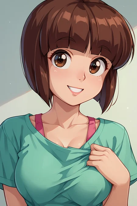 score_9, score_8_up, score_7_up, score_6_up, BREAK, NabikiTendoRXLv3, mature female, big eyes, brown eyes, brown hair, short hair, bob cut, blunt bangs, medium breasts, short sleeves, loose shirt, pink strap, green shirt, solo, front view, (portrait, upper body), solo focus, seductive smile, looking at viewer, indoors <lora:NabikiTendoRXLv3:1>