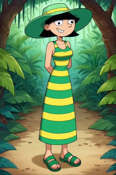 score_9_up,score_8_up,score_7_up,score_6_up,score_5_up,score_4_up BREAK rhonda, 1girl, yellow dress, black hair, smile, short hair, green sandals, striped, blunt bangs, navel, sleeveless, green sun hat, black eyes, green dress, official style,jungle, arms behind back,long dress,teeth, <lora:RhondaPony:1>