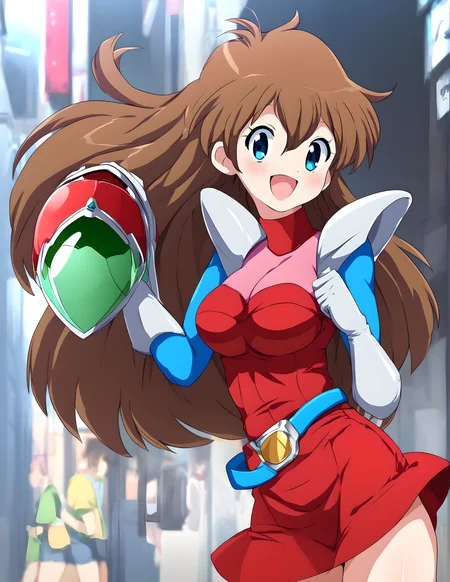 <lora:pony_xl_momo>,momo,1girl,masterpiece,best quality,super fine illustration,bodysuit,short dress,red dress,belt,miniskirt,red skirt,shoulder armor,white gloves,smile,holding helmet,v,standing,city,street,