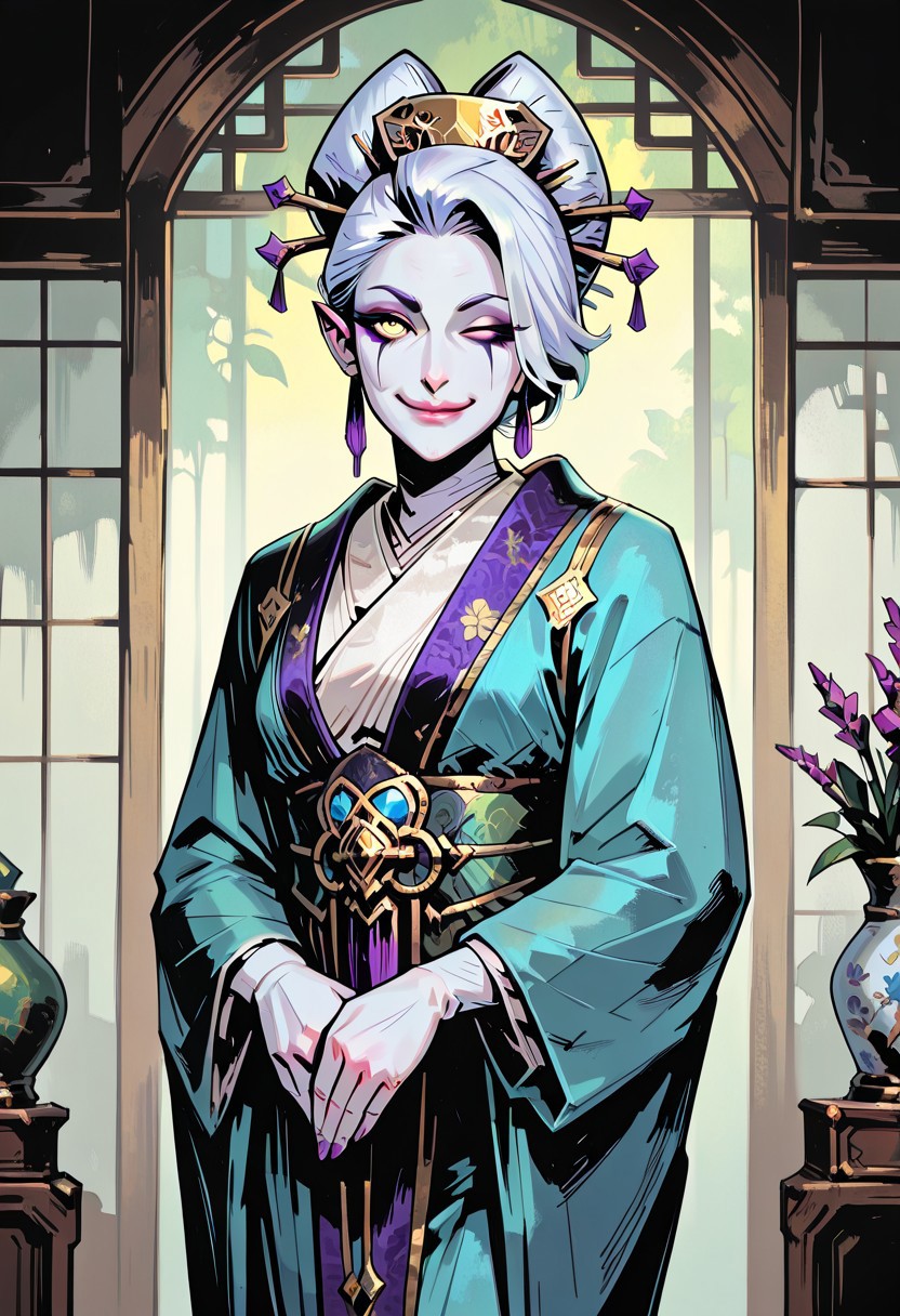 masterpiece, best quality, newest, absurdres, highres, TTCSV1.0, 
1girl, Elf, Sorcerres, white skin, white hair, yellow eyes, (asian:1;3), (asian female;1;3), oiran, mature, mature woman, friendly smile, royal, regal, noble, eyeshadow, mascara